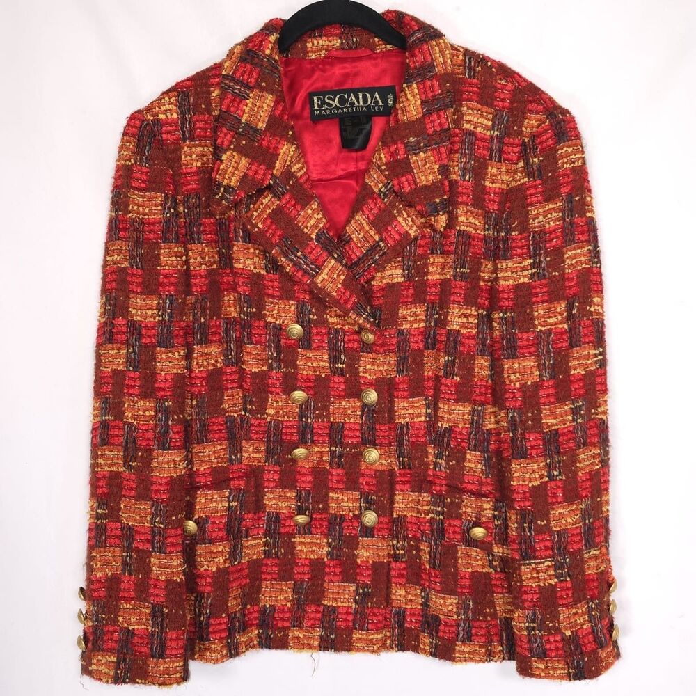 ESCADA Margaretha Ley GERMANY Vintage Tweed Blazer Jacket RedGold 40 WOOL MOAHIR